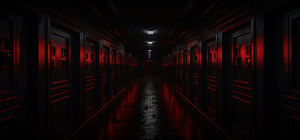 dark hallway with dim red lighting